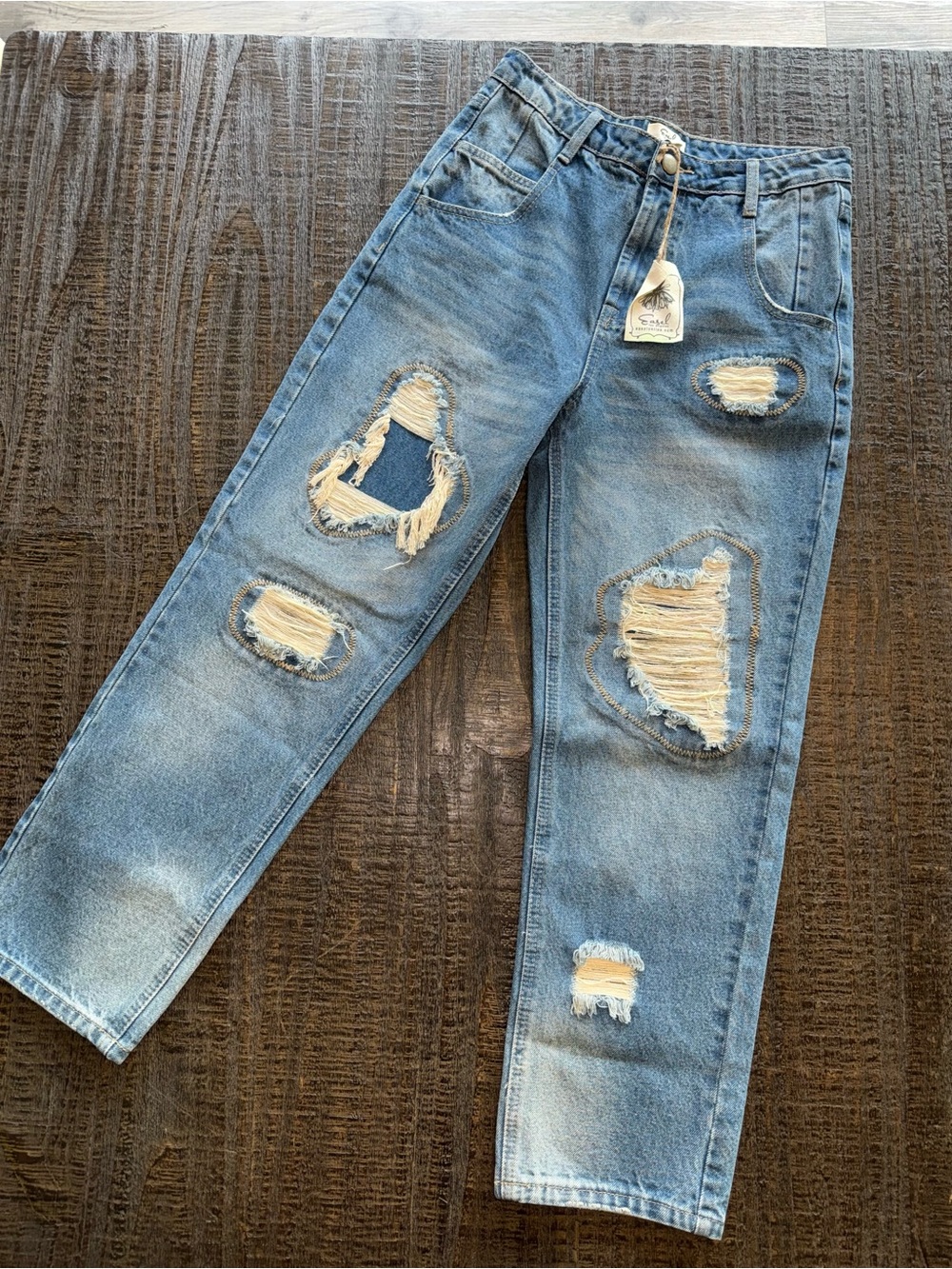 Easel Distressed Patchwork Straight Leg Jeans – Size Small